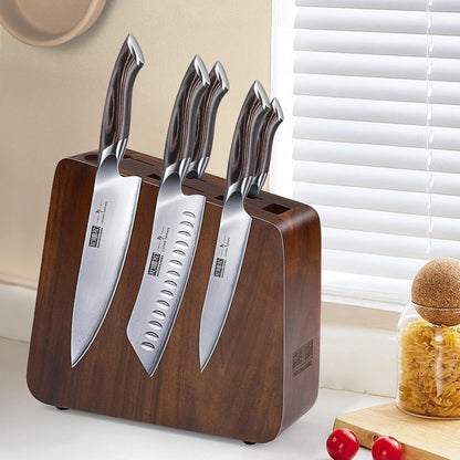 HOSHANHO Magnetic Knife Block 14 x 10 Inches, Double Sided Magnetic Knife Holder Rack for Kitchen Counter, Acacia Wood Magnetic Knife Storage Stand with Knife Sharpener