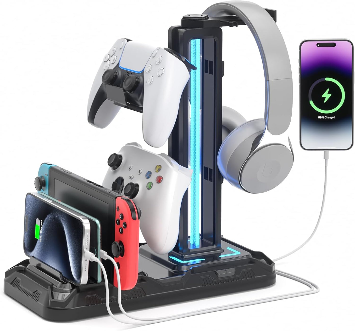 RGB Headset Stand with Phone Holder and Controller Storage | Rotating Headphone Hanger with Wireless Charging & USB Ports - PuriLite