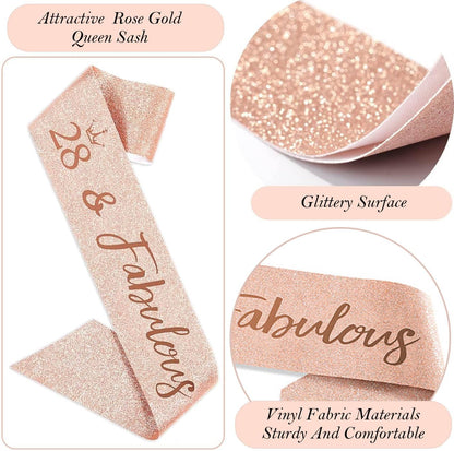 8pcs 40th Birthday Decorations gifts for Women, Including 40th Happy Birthday Cake Topper, Queen Sash with Pearl Pin, Sweet Rhinestone Tiara Crown for Women, Number Candles and Balloons (Rose Gold)