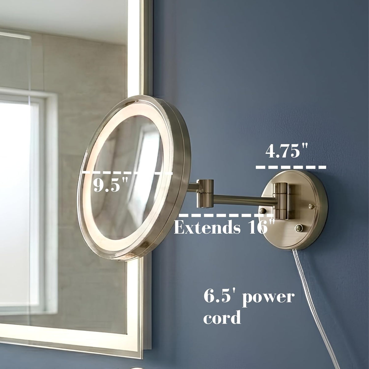 Jerdon HL1016NL 9.5-Inch LED Halo Lighted Wall Mount Mirror with 5x Magnification, 16-Inch Extension, Nickel Finish | 9.5" Diameter, 16" Wall Arm, LED Lighting, Corded Plug-In Power