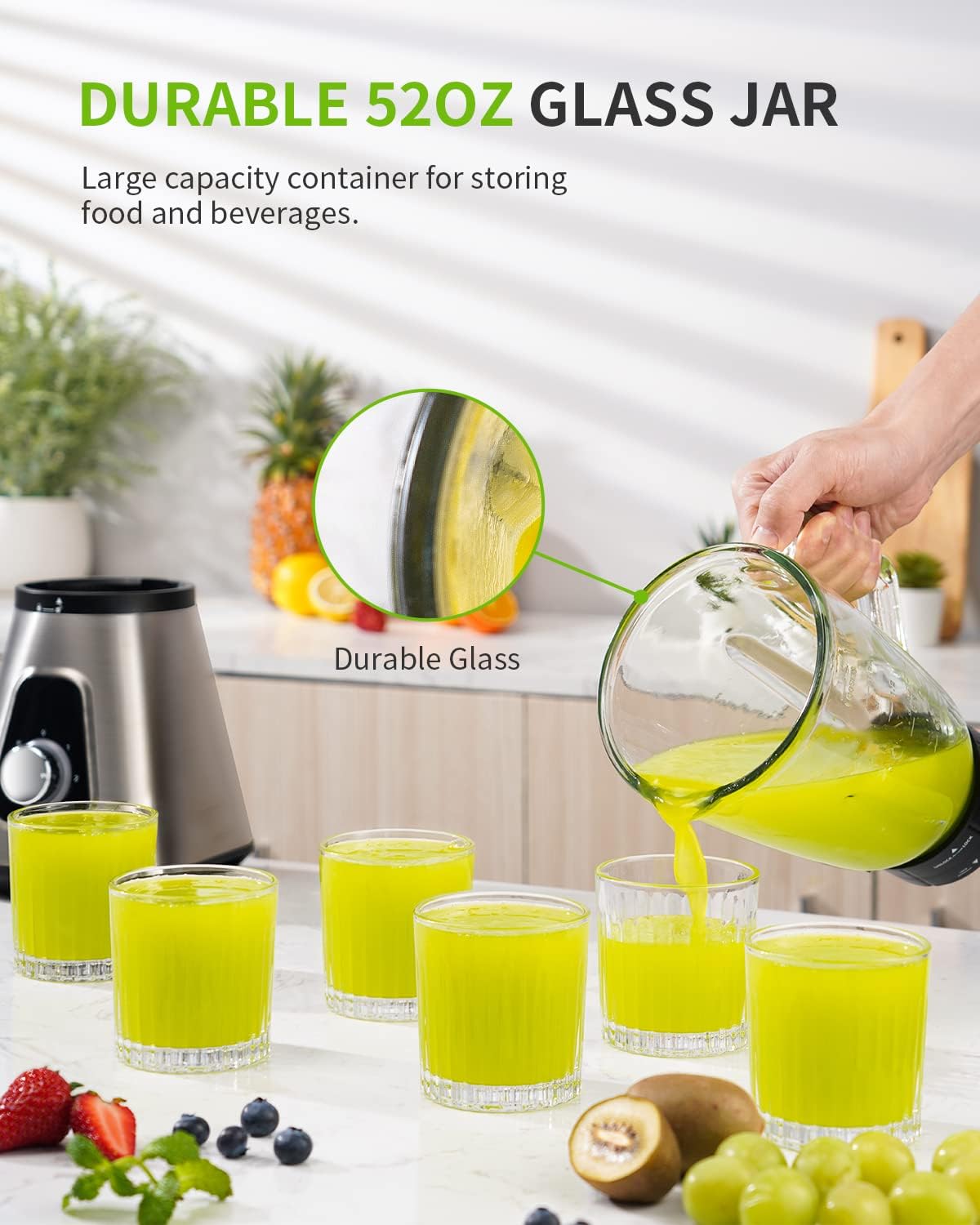 SHARDOR 1200W Blender for Smoothies, Countertop Blender Combo, 52oz Glass Jar, 22oz Travel Cup, 3 Adjustable Speed for Frozen Fruit Drinks, Smoothies, Sauces, Shakes, Silver