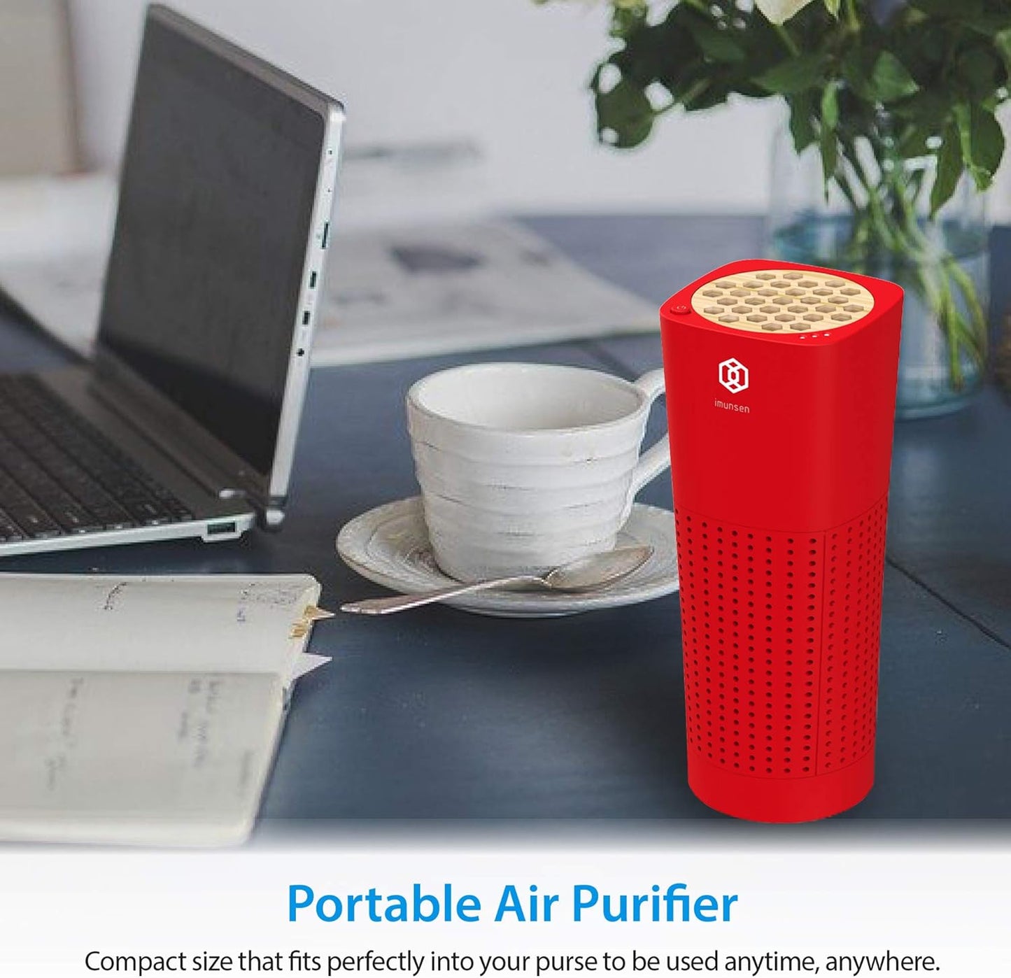 IMUNSEN M-003R True HEPA 13 Filter Air Purifier for Car, Desk, and Office with Carbon Deodorization Filter, 4-Stage Filtration, Smoke, Odors, Allergens, USB Port 5V, Made in Korea - Red - PuriLite