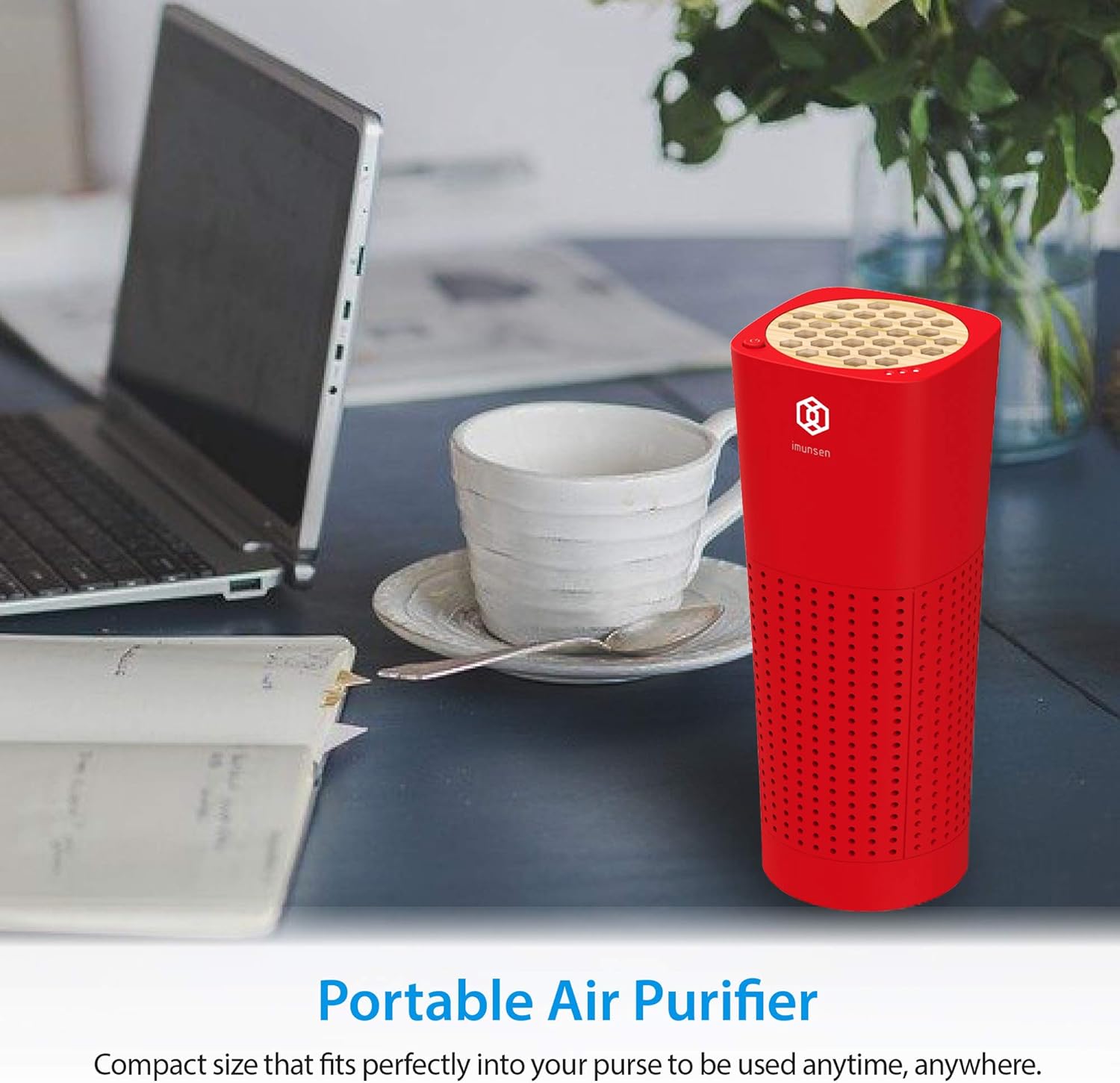 IMUNSEN M-003R True HEPA 13 Filter Air Purifier for Car, Desk, and Office with Carbon Deodorization Filter, 4-Stage Filtration, Smoke, Odors, Allergens, USB Port 5V, Made in Korea - Red - PuriLite