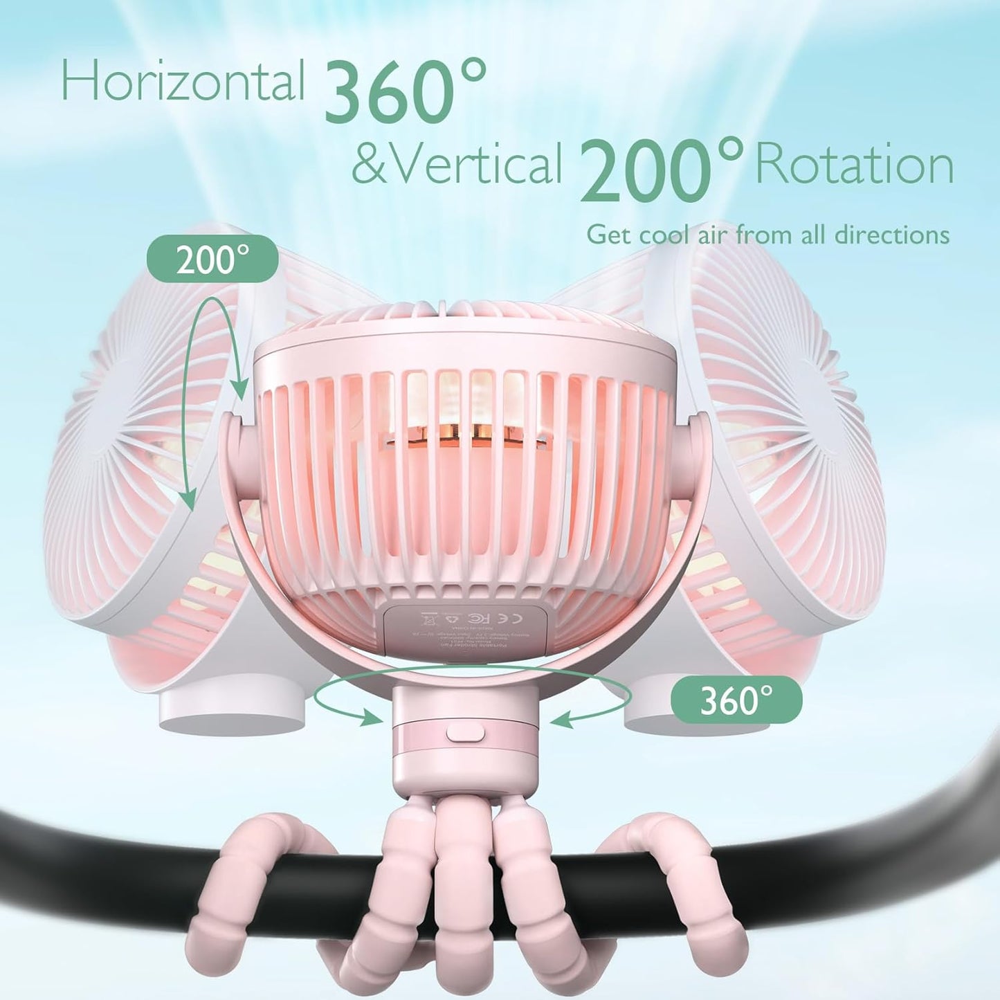 Momcozy Portable Stroller Fan, 27H Ultra-long Battery Life, Detachable 4 Speed 360°Rotate, LED Night Light with 2 Modes, USB Rechargeable and Handheld Cooling Fan for Travel, Car Seat