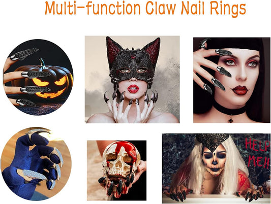 Bestga 10 PCS Halloween Costume Claws Fake Nails Ring Set, Gothic Punk 3 Sizes Crystal Full Finger Rings Paved Paw Bend Fingertip Fingernail Claw Girls Women Men Ring False Easy Long Nails (Black) - PuriLite