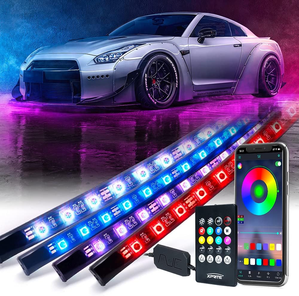 4PCS RGB Car Underglow Lights Kit with Bluetooth & Remote Control, Music Sync Neon Accent LED Strip Lights for Cars, SUVs, Trucks, Vans, and Jeeps - PuriLite