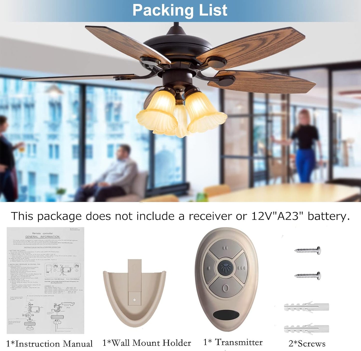 35T1 Ceiling Fan Remote Control Replacement for Harbor Breeze, Allen Roth | Works for Kichler, Hampton Bay FAN35T FAN53T FAN11T 2AAZPFAN53T L3HFAN11T L3HFAN11T2 FANHD, 3-Speed, Light Dimmer, Learn Key