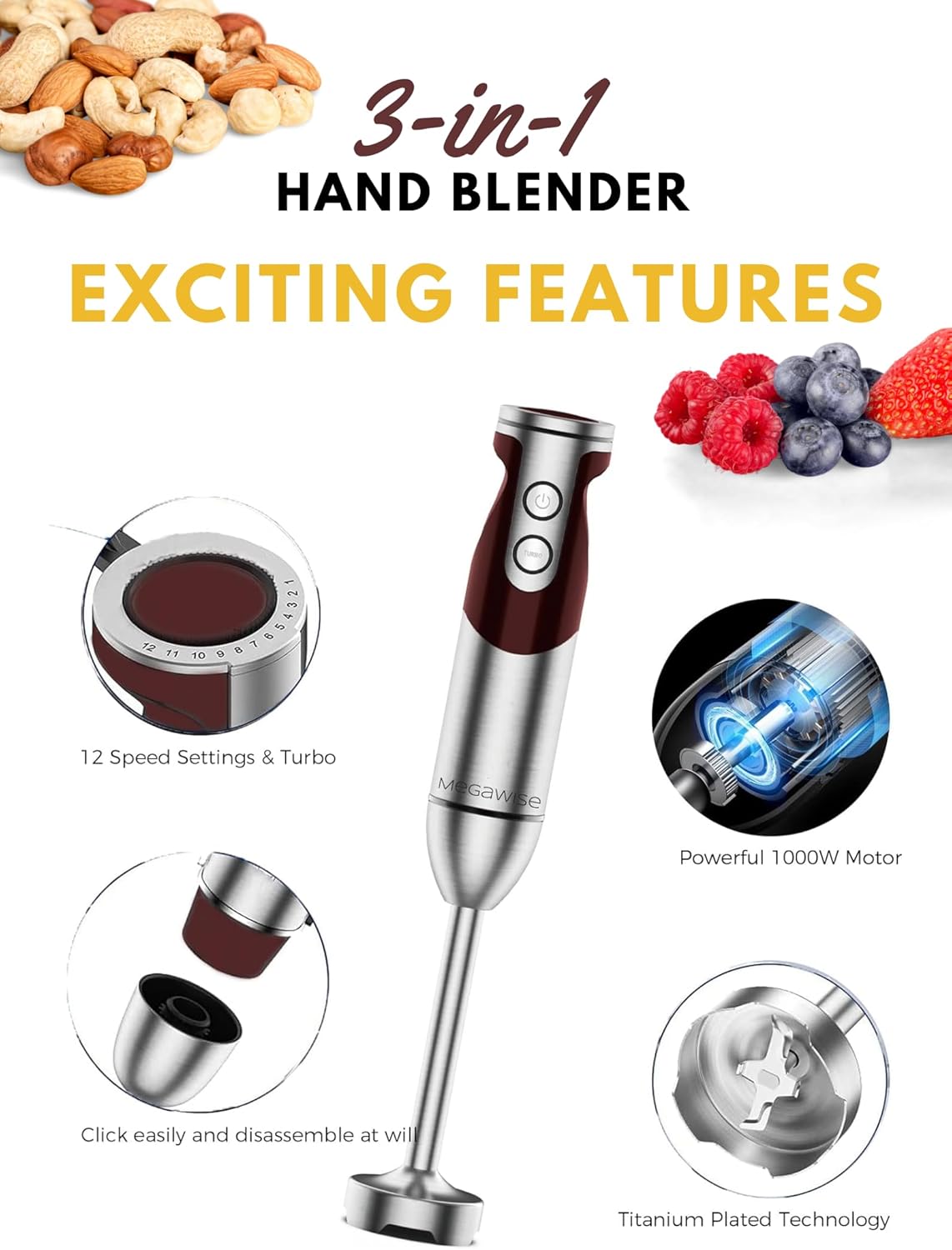 MEGAWISE new Hand Blender Series Only one Hand Blender,no attachments,12-Speed,Includes Powerful Blender Stick- Easy to Clean and Perfect for Smoothies, and More (Black)