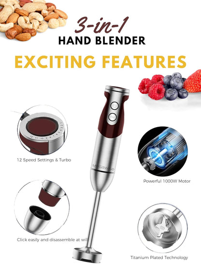 MEGAWISE new Hand Blender Series Only one Hand Blender,no attachments,12-Speed,Includes Powerful Blender Stick- Easy to Clean and Perfect for Smoothies, and More (Black)