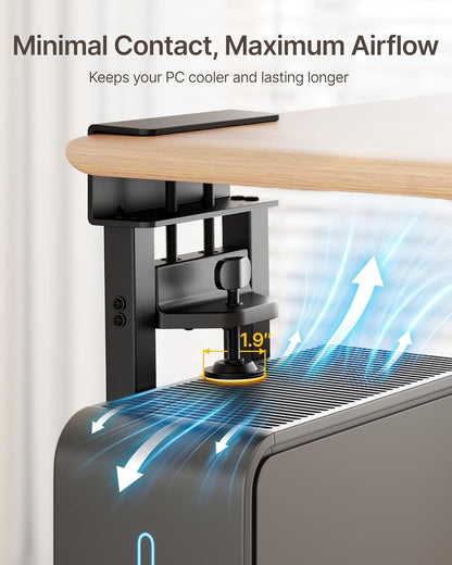 monTEK No Drill Under Desk PC Mount, Clamp-On Heavy Duty CPU Holder with Ventilated Cooling Design for Standing Desk & Home Office, Fits Most PC Cases 16.1"-25.6" (H), 66 lbs, Black