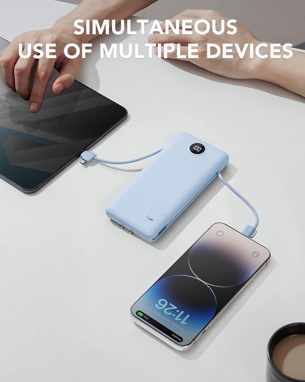 Portable Charger for iPhone, 10000mAh Power Bank with Built-in Cables & AC Wall Plug, USB C Phone Charger 5 Output External Battery Pack Compatible with iPhone Samsung Google Pixel Android -White