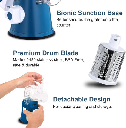 Geedel Kitchen Cheese Grater, Rotary Mandoline Vegetable Slicer with Interchangeable Blades, Easy to Use Rotary Grater Slicer for Fruit, Vegetables, Nuts
