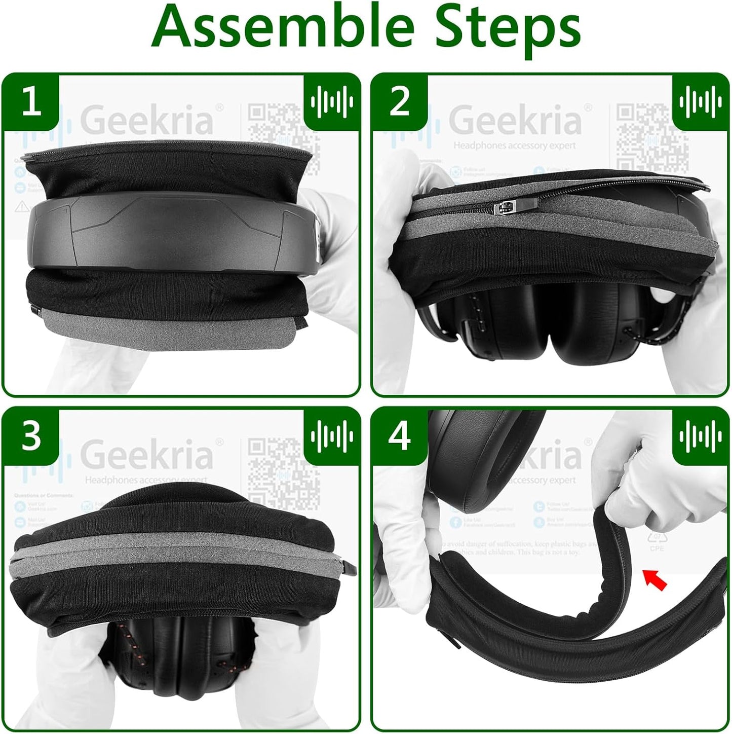 Geekria Hook and Loop Headband Cover + Pad Set, Protector with Zipper Closure Compatible with Medium Sized Headphones, Easy DIY Installation (Protein Leather/Black)