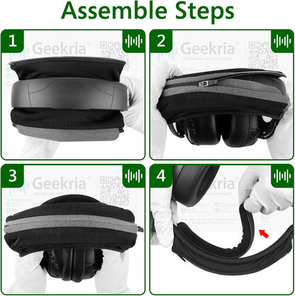 Geekria Hook and Loop Headband Cover + Pad Set, Protector with Zipper Closure Compatible with Medium Sized Headphones, Easy DIY Installation (Protein Leather/Black)