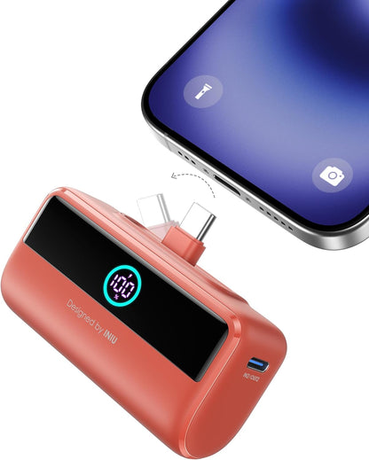INIU Compact Portable Charger, 5500mAh Power Bank with Build-in USB-C Connector, 22.5W PD Fast Charging Powerbank, Family Flight Cruise Ship Essential Phone Charger for iPhone 16 15 Samsung, Orange