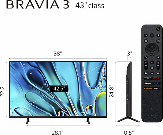Sony 43 Inch 4K Ultra HD TV BRAVIA 3 LED Smart Google TV with Dolby Vision HDR and Exclusive Features for PlayStation®5 (K-43S30)