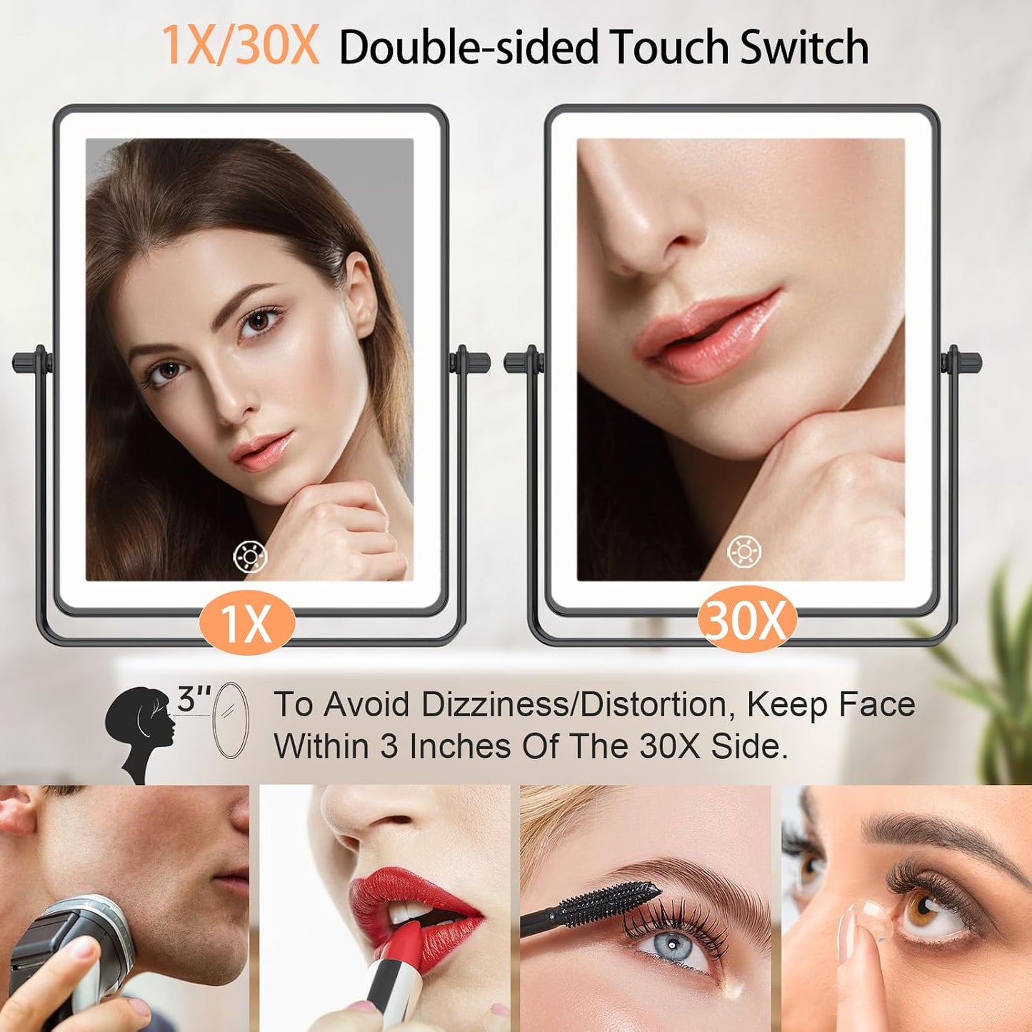 FASCINATE Rechargeable Wall Mounted Makeup Mirror, 8.7" Double Sided Touch Switch 1X 30X Rectangle Magnifying Mirror with Light, 3 Color Setting, Extended Arm 360° Swivel Foldable Black