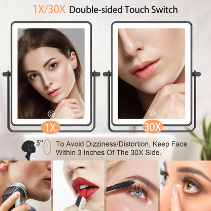 FASCINATE Rechargeable Wall Mounted Makeup Mirror, 8.7" Double Sided Touch Switch 1X 30X Rectangle Magnifying Mirror with Light, 3 Color Setting, Extended Arm 360° Swivel Foldable Black