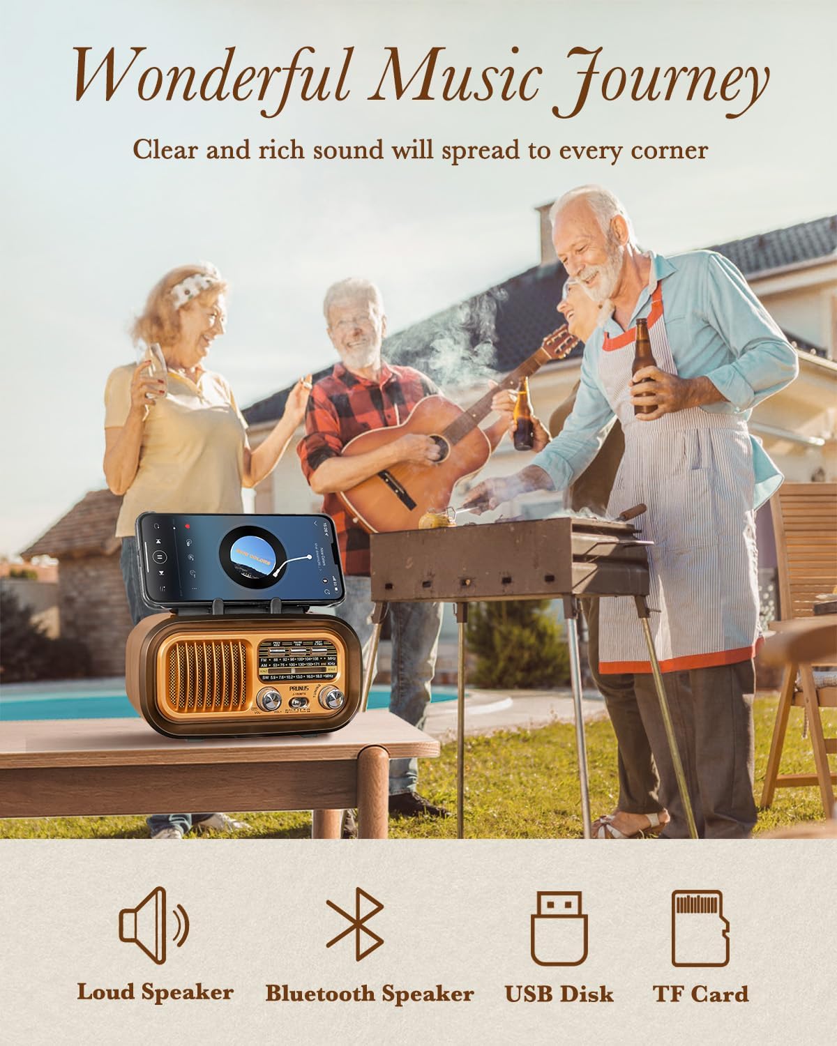PRUNUS J-150 Small Retro Vintage Radio Bluetooth, Portable Radio AM FM Transistor Radio with Best Sound, Solar/Battery Operated Radios/Rechargeable Radios, TWS, Support TF Card/USB Playing