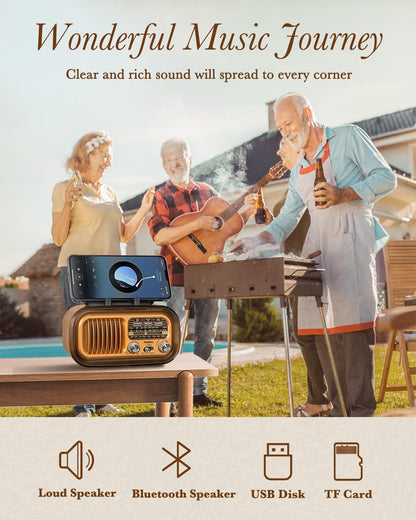 PRUNUS J-150 Small Retro Vintage Radio Bluetooth, Portable Radio AM FM Transistor Radio with Best Sound, Solar/Battery Operated Radios/Rechargeable Radios, TWS, Support TF Card/USB Playing