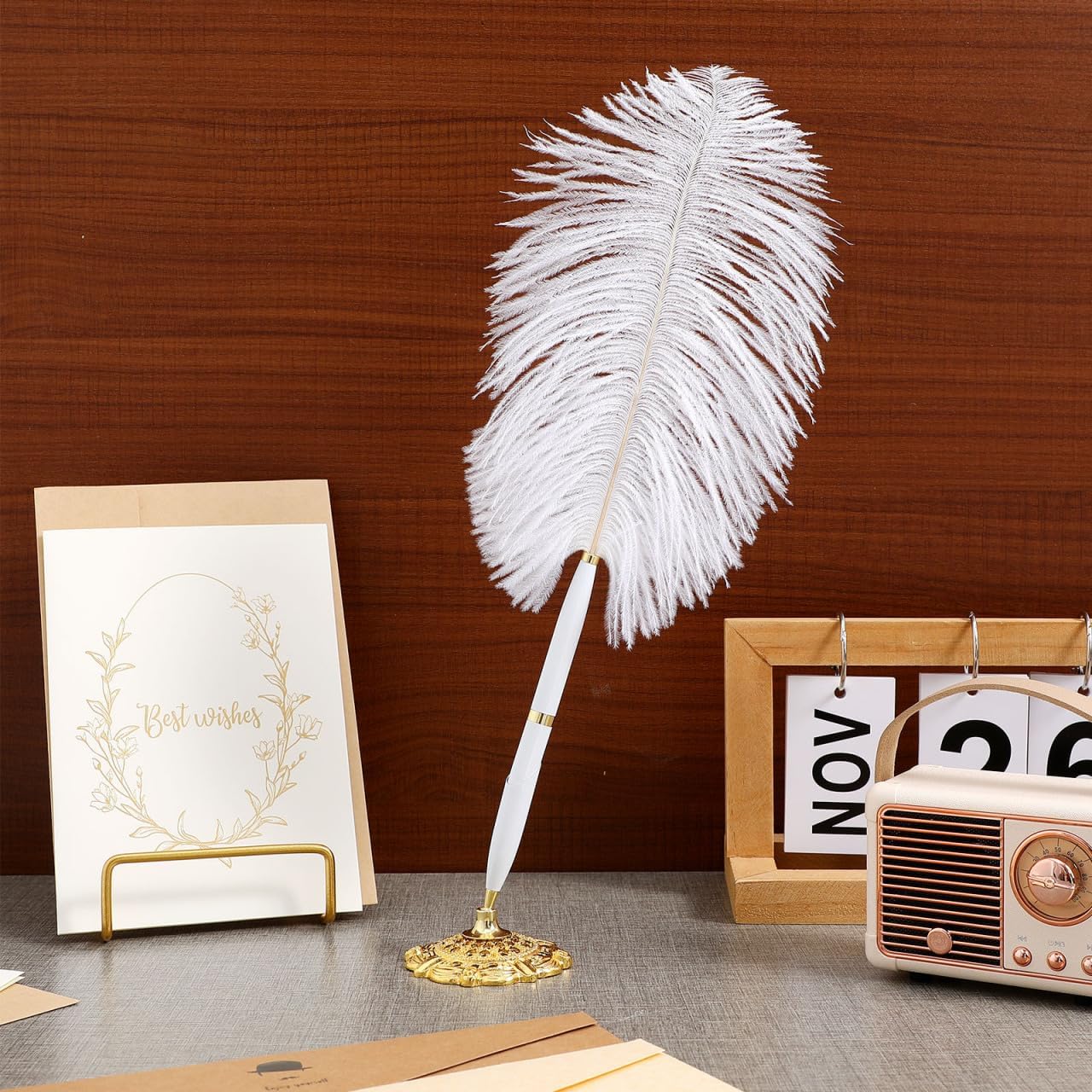 Hemobllo Fancy Pen: Creative Natural Ostrich Quill Pen with Gold Holder Base for Wedding Engagement Party, Guest, Office, Signing - Black Ink - PuriLite