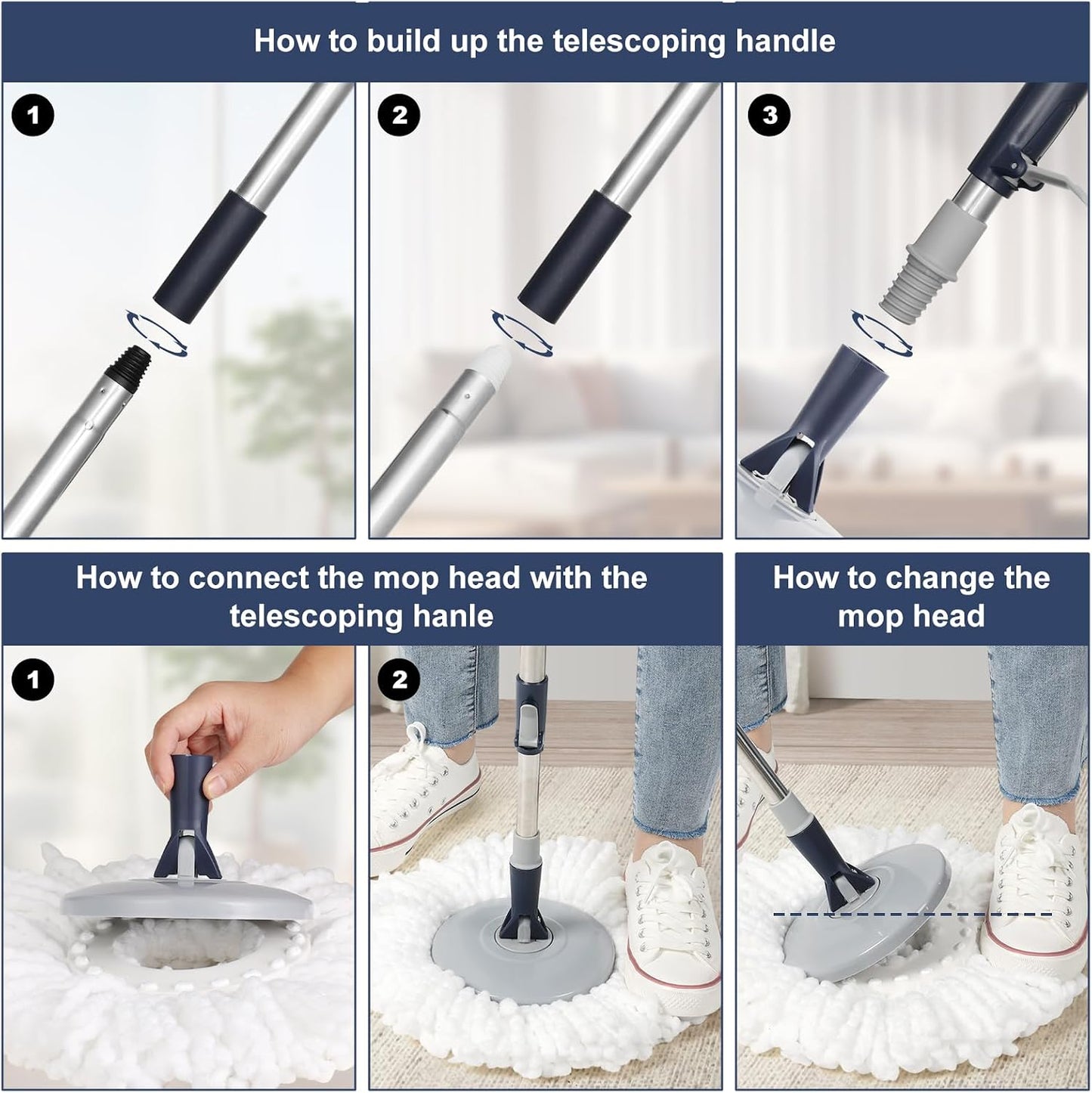 Spin Mop and Bucket System with180-Degree Rotating Head Telescopic Handle Dual Chamber Bucket Floor Cleaning Set with 3 Mop Refills Dual-Function Wringing Hand-Press and Foot-Pedal