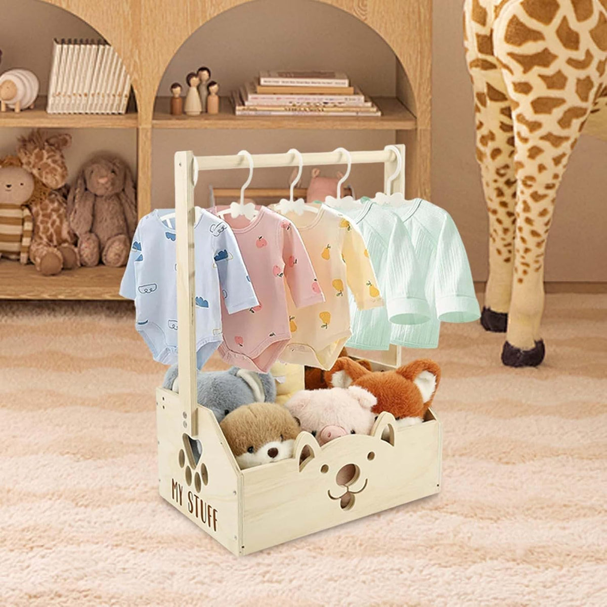Wooden Baby Storage Organizer | Nursery Basket with 5 Hangers
