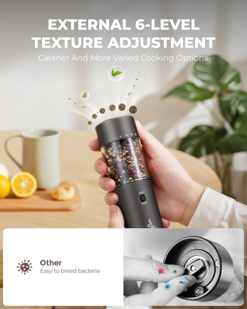 Sangcon 2-Speed Rechargeable Electric Salt and Pepper Grinder Set, 6 External Adjustable Coarseness Levels, Automatic Salt & Pepper Mill Shakers Set with Storage Base, One-Handed Operation, Silver