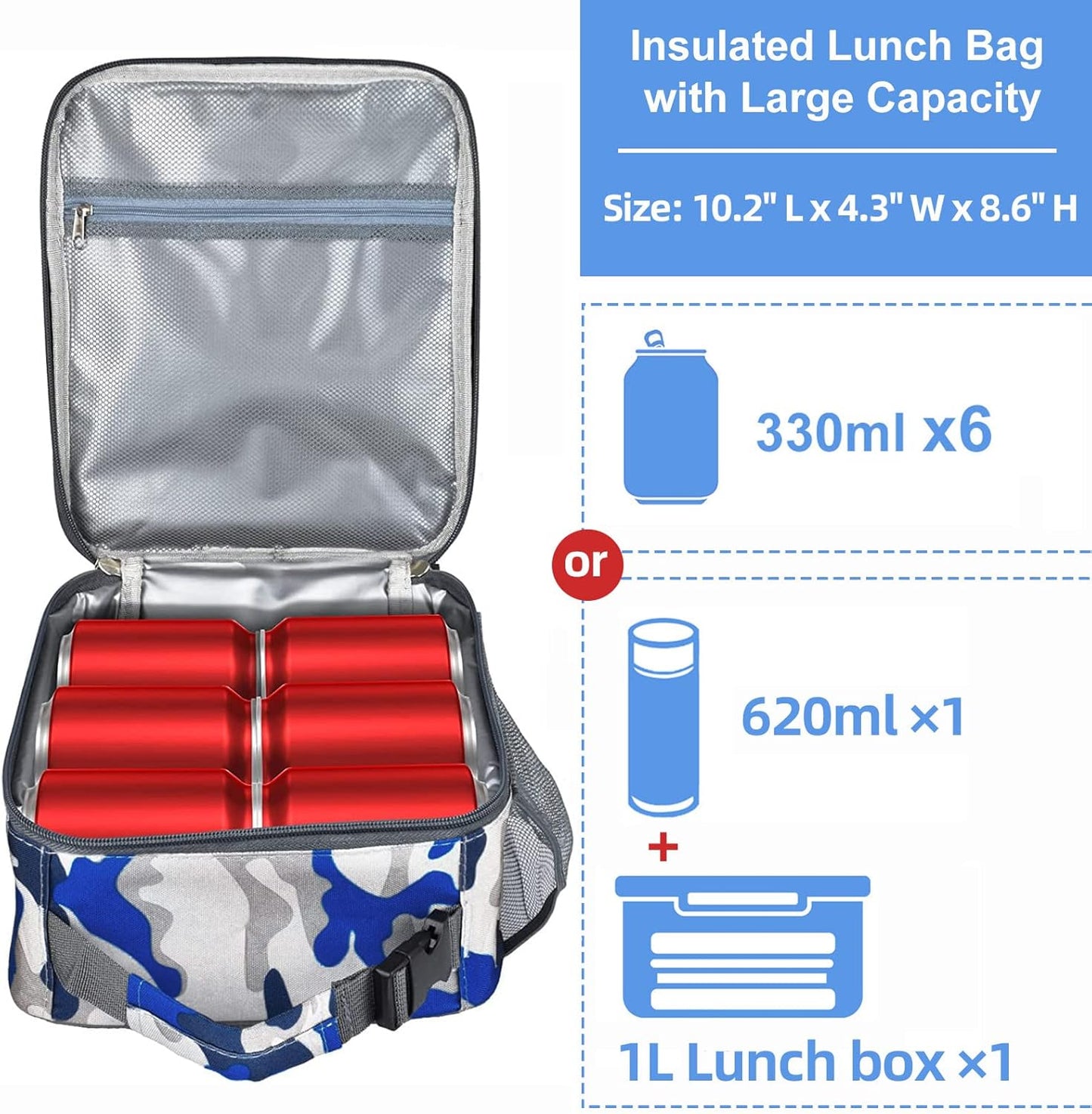Insulated Lunch Bag, Leakproof Portable Lunch Box for Women Men Boys Girls, Large Capacity Cooler Bag with Handle and Bottle Pocket for Office School Camping Hiking Outdoor Beach Picnic (Black)