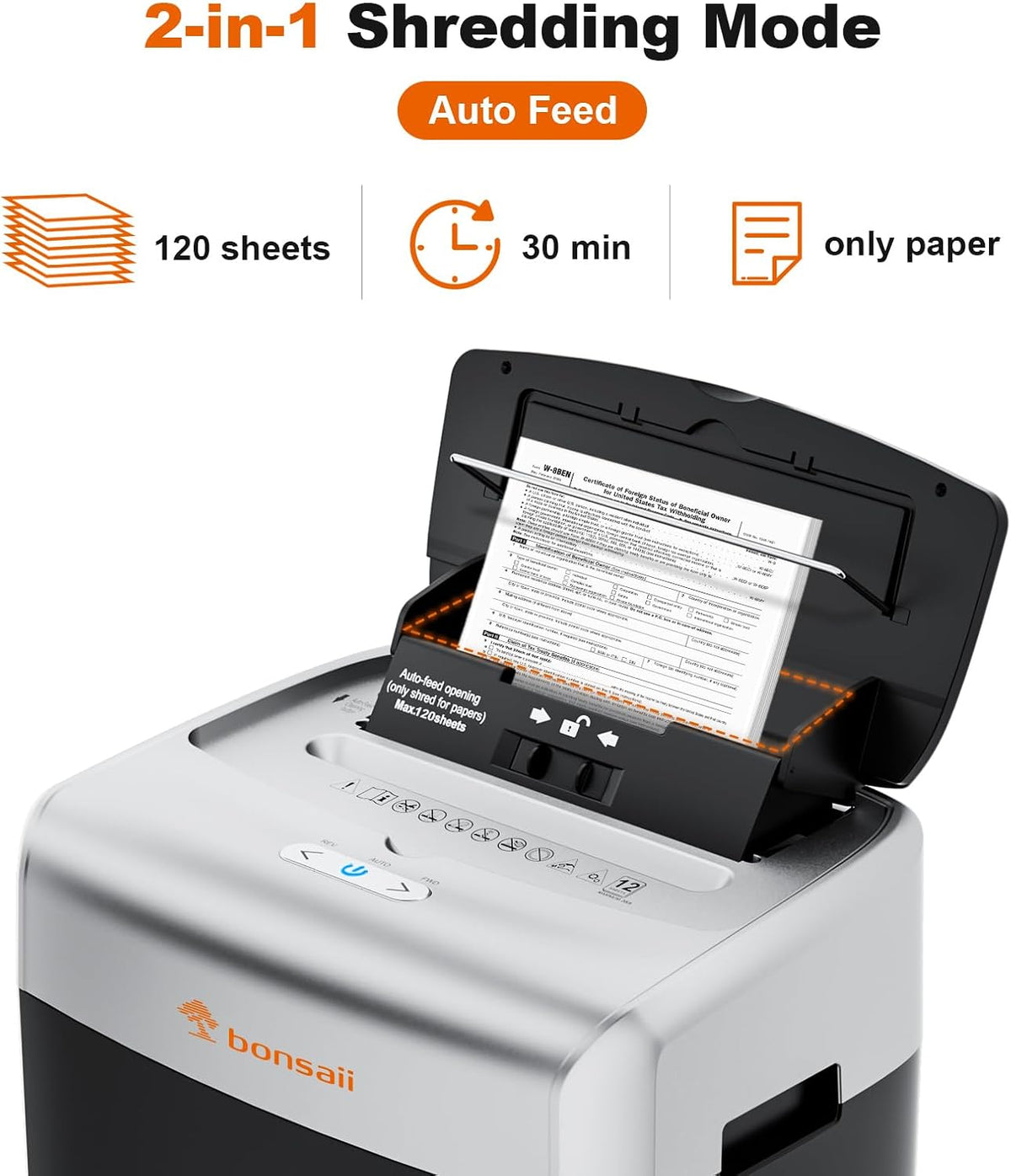 Bonsaii 120-Sheet Auto Feed Paper Shredder for Office, Heavy Duty Micro Cut