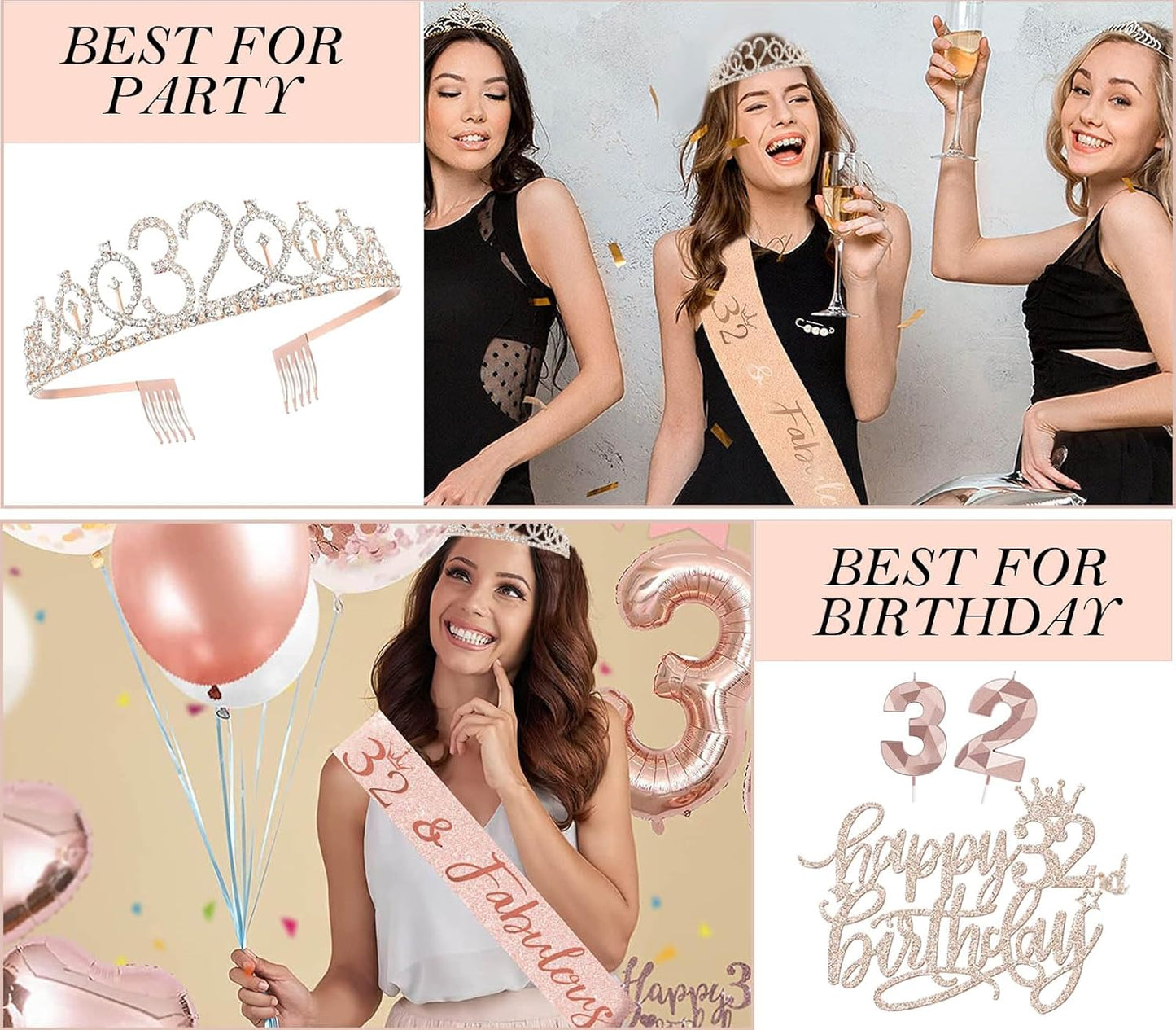 8pcs 40th Birthday Decorations gifts for Women, Including 40th Happy Birthday Cake Topper, Queen Sash with Pearl Pin, Sweet Rhinestone Tiara Crown for Women, Number Candles and Balloons (Rose Gold)
