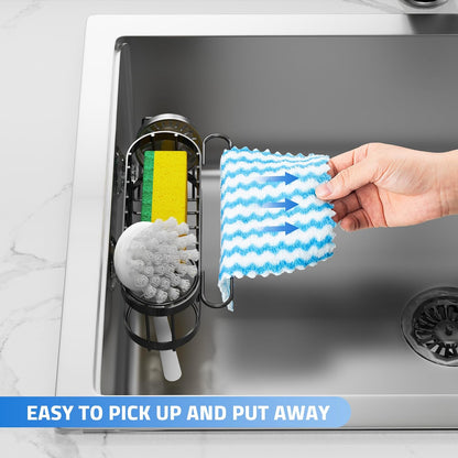Cisily Kitchen Sink Caddy – Stainless Steel Sponge & Brush Holder, Multi-Functional Sink Organizer with Soap, Dish Cloth, and Sink Stopper Storage, Black - PuriLite