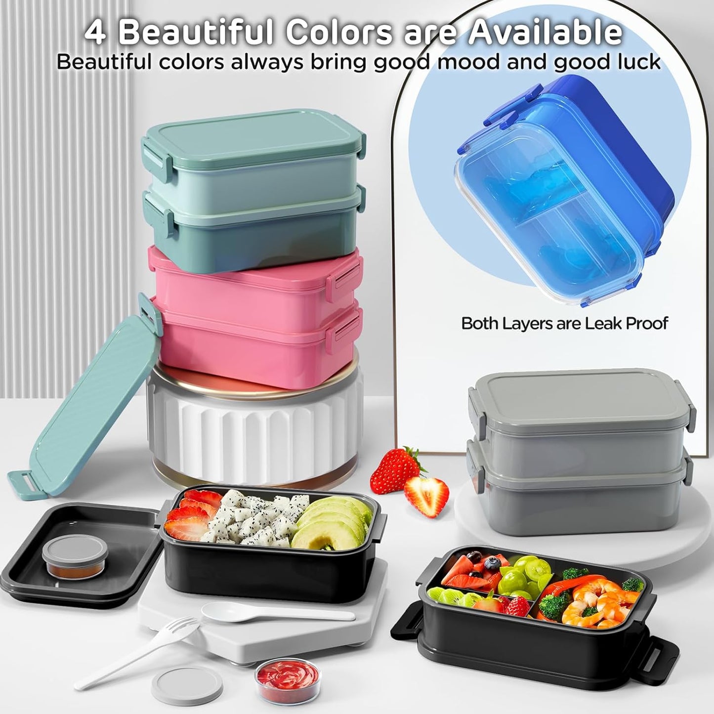 JSCARES Lunch Box Adults Bento Box - All-in-One Stackable 74 OZ Lunch Box Containers for Adult Large Bento Box with Fork Spoon Sauce Boxes, Leakproof Lunchbox for Work School Dining Out (Green)
