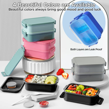 JSCARES Lunch Box Adults Bento Box - All-in-One Stackable 74 OZ Lunch Box Containers for Adult Large Bento Box with Fork Spoon Sauce Boxes, Leakproof Lunchbox for Work School Dining Out (Green)
