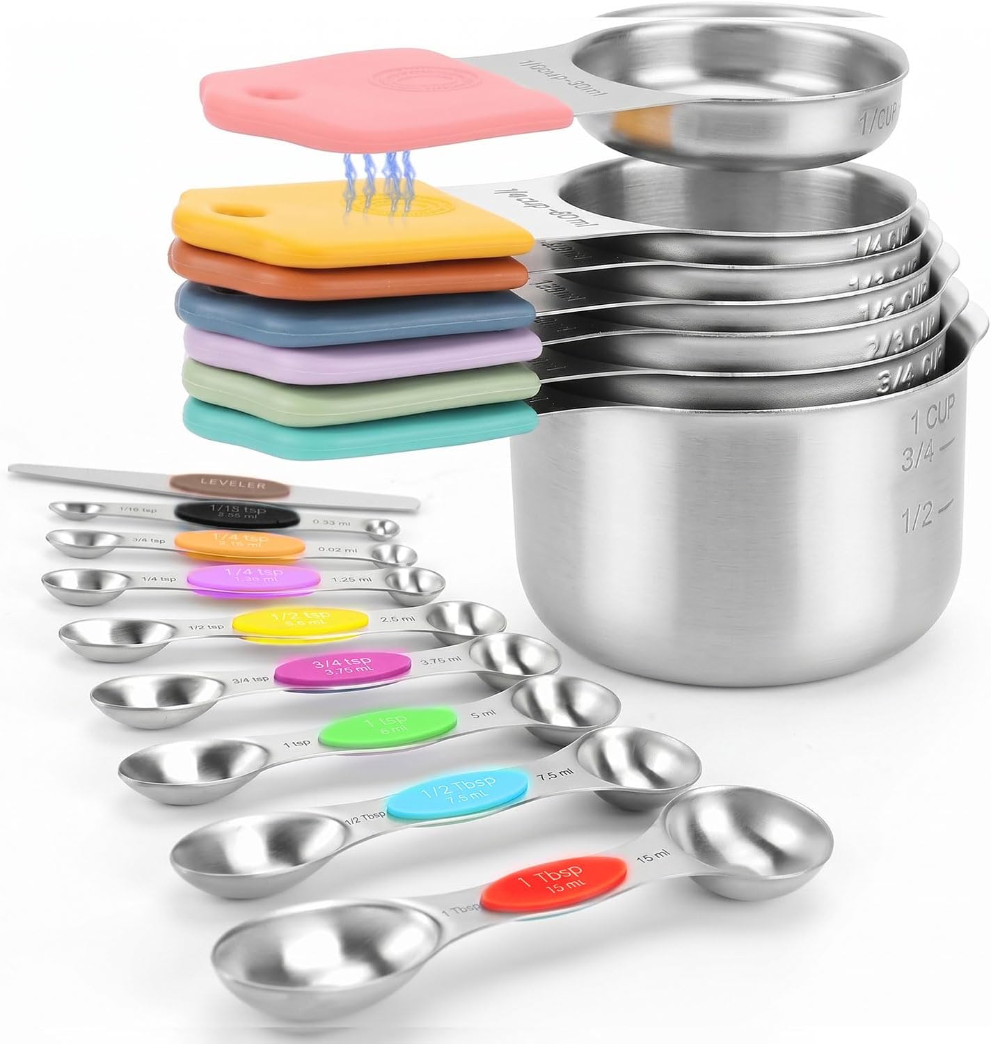 Magnetic Measuring Cups and Spoons Set-Heavy Duty 304 Stainless Steel，Double Measurement Markings，Set of 16 with Leveler for Measure Dry and Liquid Ingredients