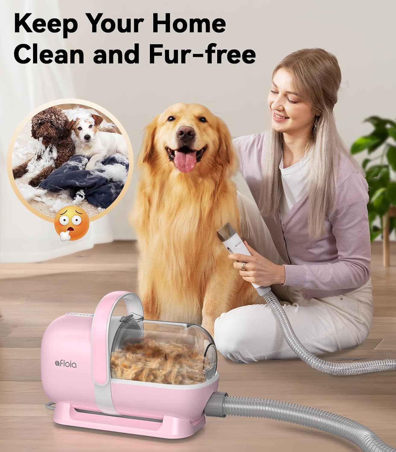 Afloia Dog Grooming Kit, Pet Grooming Vacuum & Dog Clippers Nail Trimmer Grinder & Dogs Brush for Shedding with 6 Pets Groom Tools, Low Noise Dogs Hair Remover Pets Supplies (White)