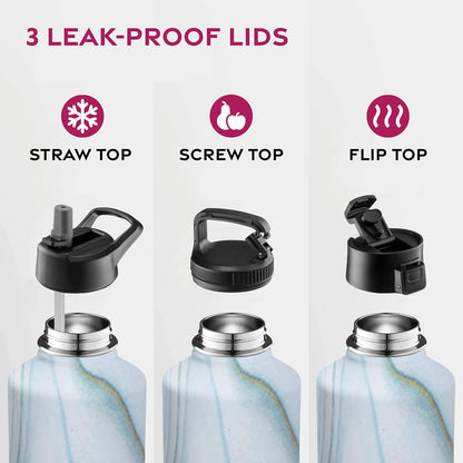 FineDine Water Bottle - Stainless Steel Insulated Water Bottle with Straw Lid, Flip Lid & Wide-Mouth Cap - Keeps Hot and Cold - 25 Oz / 739ml - Pure Pearly White