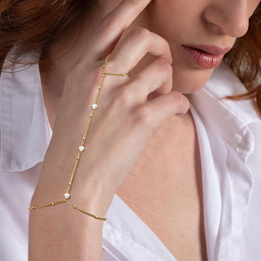 Hand Chain Ring Bracelet For Women, 14k Gold Plated Dainty Cubic Zirconia Minimalist Finger Ring Bracelet, Trendy Stuff Jewelry Gifts To Wife Girfriend Daughter Sister BBF, 17.5cm/7.5cm - PuriLite