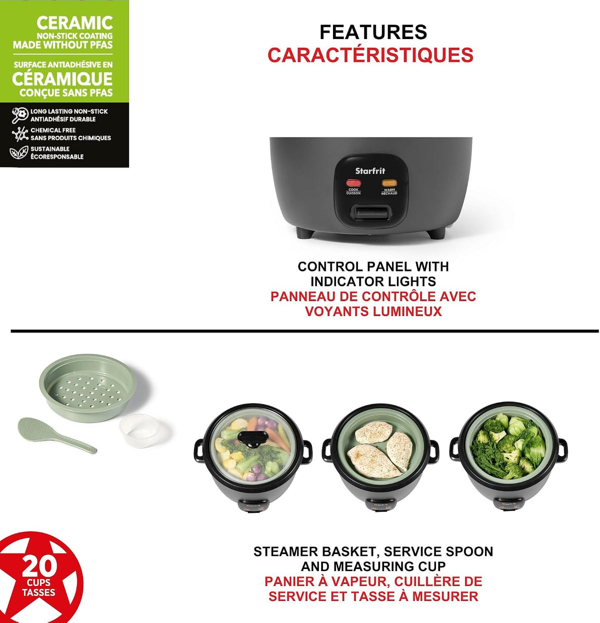Starfrit Electric Rice Cooker, 20 Cups, PFAS-Free Ceramic, 700W, Grey