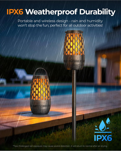 Outdoor Speakers Bluetooth Waterproof IPX6 with Flame Lights, Gadget Gifts for Dad, Hd Stereo Sound, BT 5.3 Multi-Sync to 100 Speakers, Portable Wireless Speaker for Patio (Metallic Black)