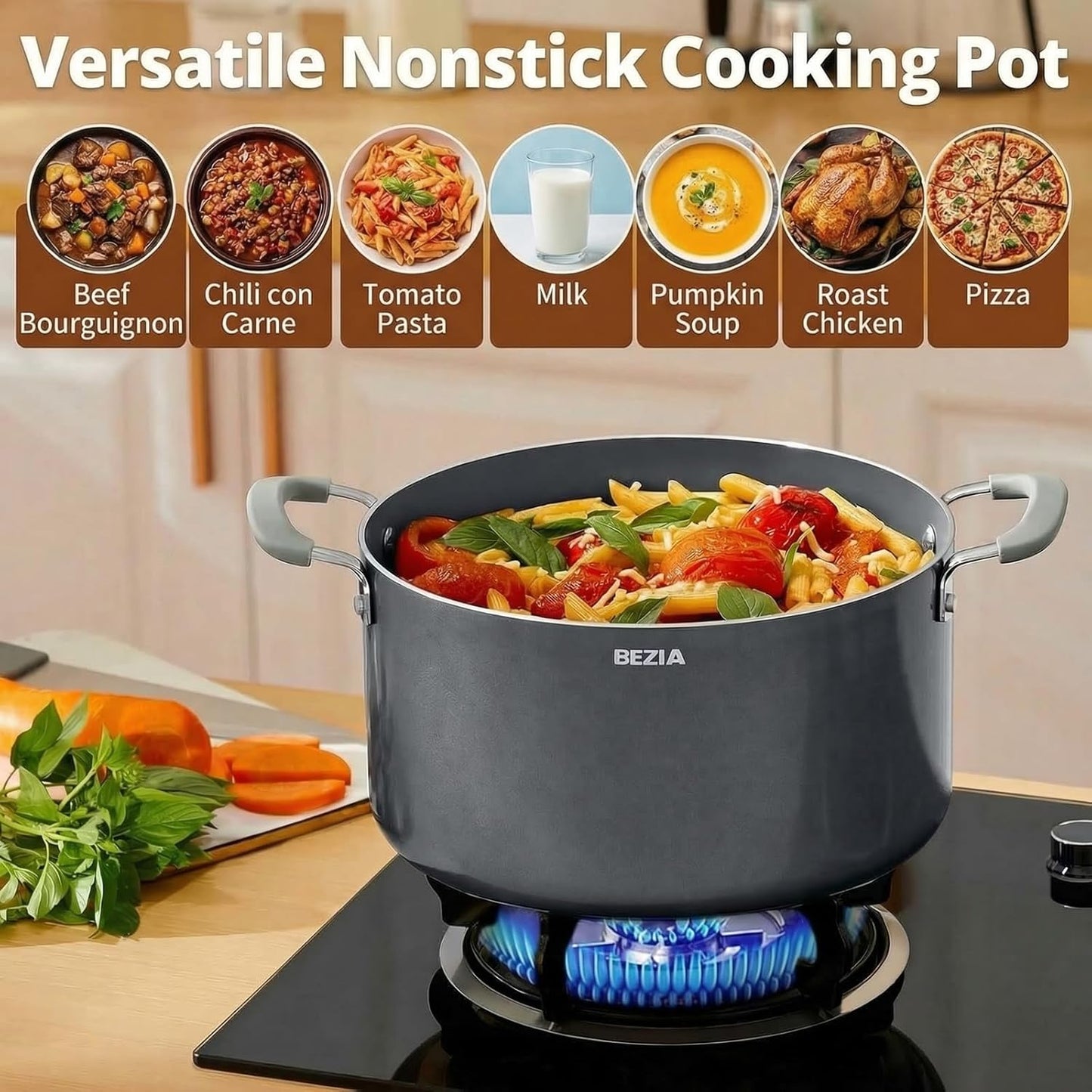 10 Quart Pot with Lid, BEZIA Ceramic Nonstick Stock Pot with Lid, Induction Ready, Large Cooking Pot with Silicone Handle, Compatible with All Cooktops, Dishwasher Safe