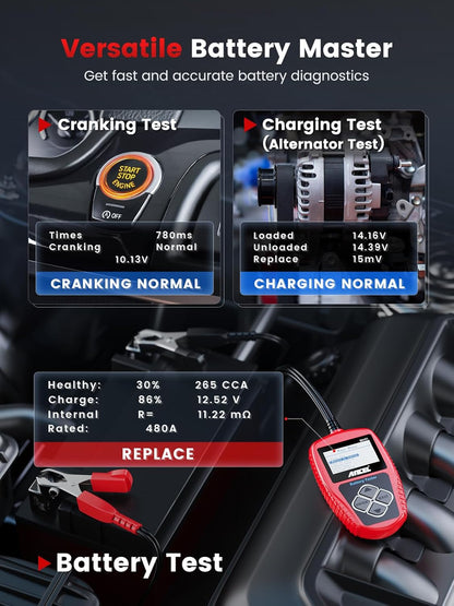 12V Digital Car Battery Tester with Alternator and Cranking Analysis, Automotive Battery Diagnostic Tool for Cars, Trucks, RVs, Boats, and Marine Vehicles