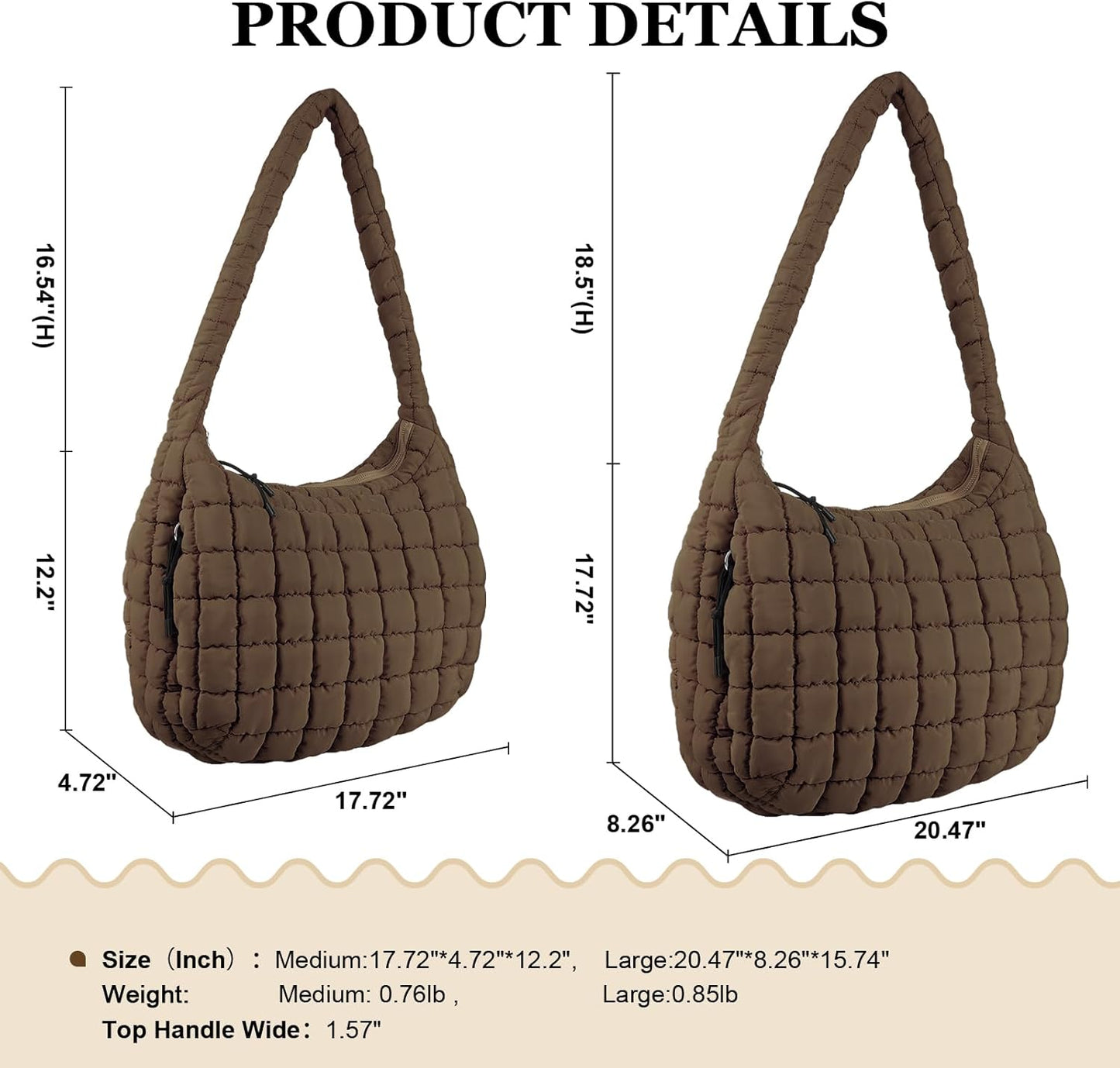 Quilted Puffer Tote Bag Large Crossbody Shoulder Bag with Zipper, Nylon Hobo Oversized Handbag