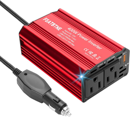 FSATBTNE 400W Power Inverter 12V DC to 110V AC Car Plug Adapter Outlet Converter with [65W PD USB-C] & [18W QC USB-A] Fast Charging Ports and 2 AC Outlets Car Power Inverters for Vehicles