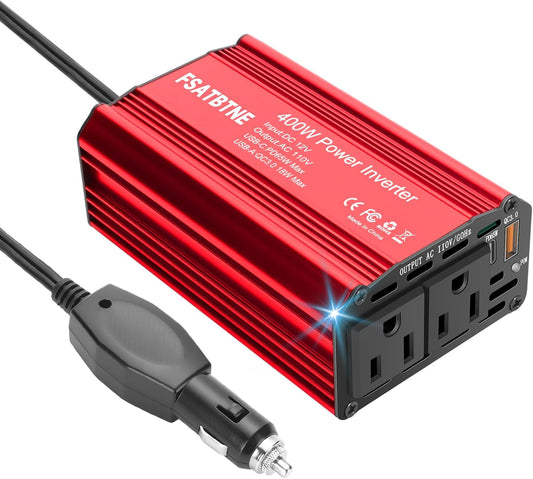 FSATBTNE 400W Power Inverter 12V DC to 110V AC Car Plug Adapter Outlet Converter with [65W PD USB-C] & [18W QC USB-A] Fast Charging Ports and 2 AC Outlets Car Power Inverters for Vehicles