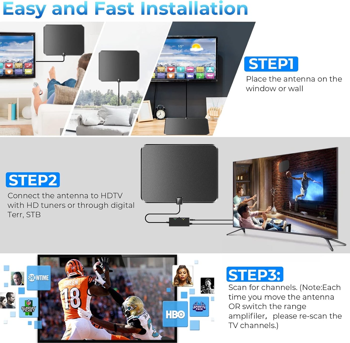 1500+ Miles Long Range Digital Antenna for Smart TV, 2025 Upgraded TV Antenna Indoor/Outdoor with Amplifier 360° Reception, HD TV Antenna for Local Channels Support 8K 4K 1080P-16FT Coax Cable