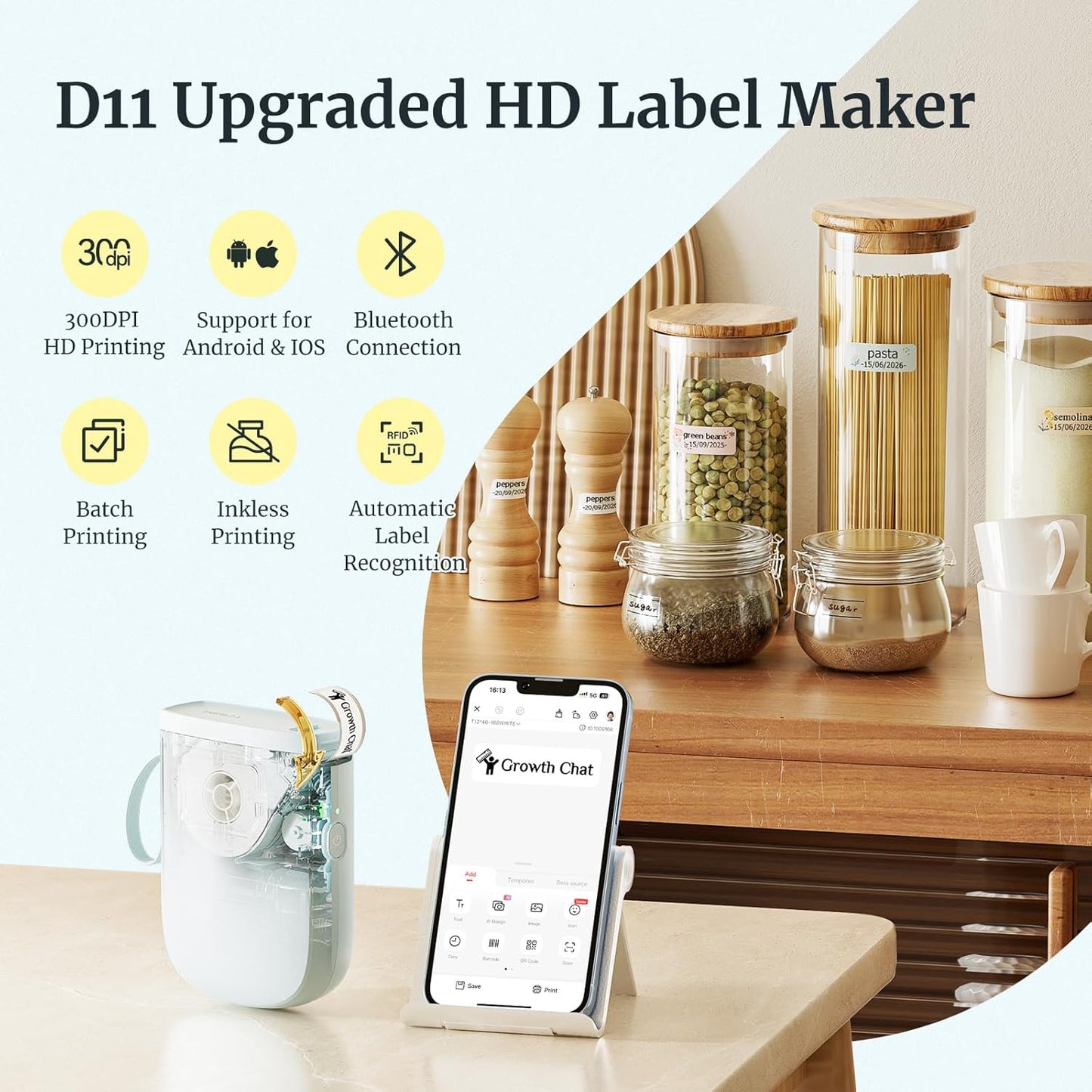 NIIMBOT D110 Mini Label Maker Machine with Tape(Pre-Cut Size 12x40mm), Portable Bluetooth Sticker Printer, Inkless Automatic Feeding One-Touch Custom Printing, Compatible with Phone Only