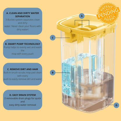Mop and Bucket Set with Pump System for Home, Hands Free Self Cleaning with 3 Compartments to Separate Clean from Dirty Water, with 2 Machine Washable Microfiber Mop Pads, Patent Pending, in Gift Box