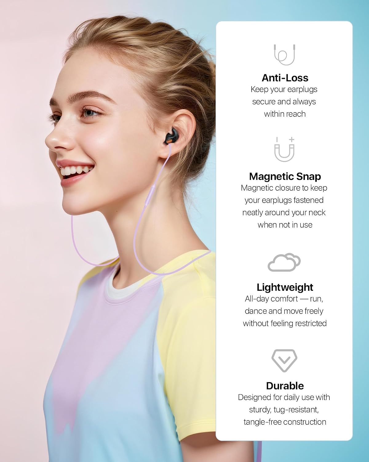 Earplugs Lanyard 2PCS, Magnetic Tug-Resistant Safety Connector Cord Keep Ear Plugs Secure Handy, Anti-Loss Silicone Strap Works with Any Earplugs, Earphones, Earbuds with Removable Tips
