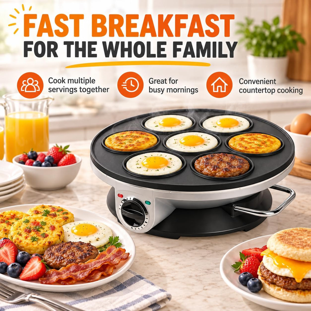 Omelette Pan, 7-Hole Electric Skillet, 3-Level Heat for Eggs & Burgers egg frying machine breakfast griddle mini burger maker pancake cooker divided skillet non stick countertop kitchen appliance